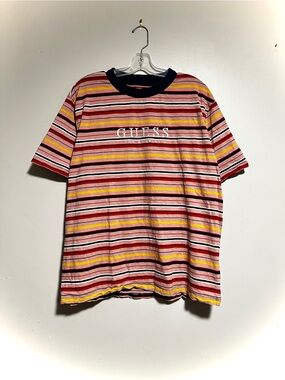 GUESS 90s Men’s Pink Multi-Striped Logo Tee
